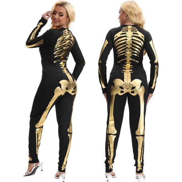 Women's Gold Skeleton Form Fitting Flattering Double Sided Skeleton Costume - Picture 4 of 9